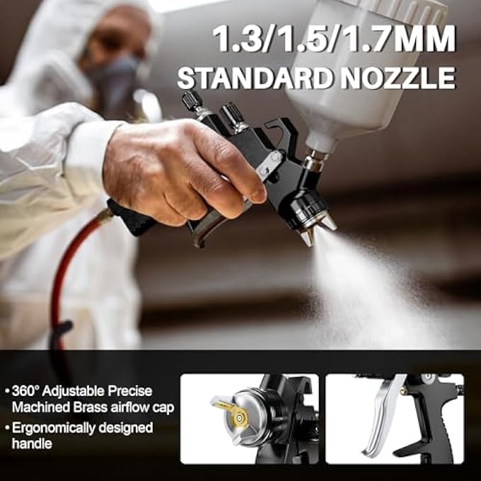 GATTLELIC LVLP AIR SPRAY GUN PREMIUM KIT WITH 1.3/1.5/1.7MM NOZZLE & AIR REGULATOR,AUTOMOTIVE PAINT GUN SPRAYER,CAR PAINT GUN SPRAYER,AIR PAINT SPRAYER GUN FOR CARS & HOUSE DIY PAINTING(BLACK) - Image 2